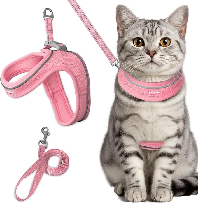 Cat Harness and Leash Set,Escape Proof Kitten Harness,Step in Adjustable Soft Lightweight,Easy Control,Reflective Strips Comfortable for Walking Travel(Baby Pink,XS)