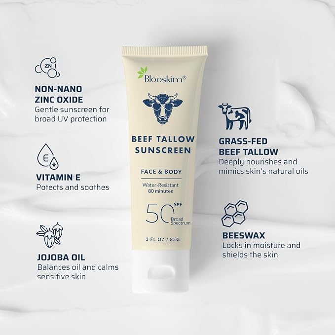 Beef Tallow Sunscreen SPF 50: Natural Tallow & Zinc Oxide Sunblock Cream for Face & Body - Sun Protection with Non Greasy Formula for Women and Men - Water-Resistant 3 oz (85 g)