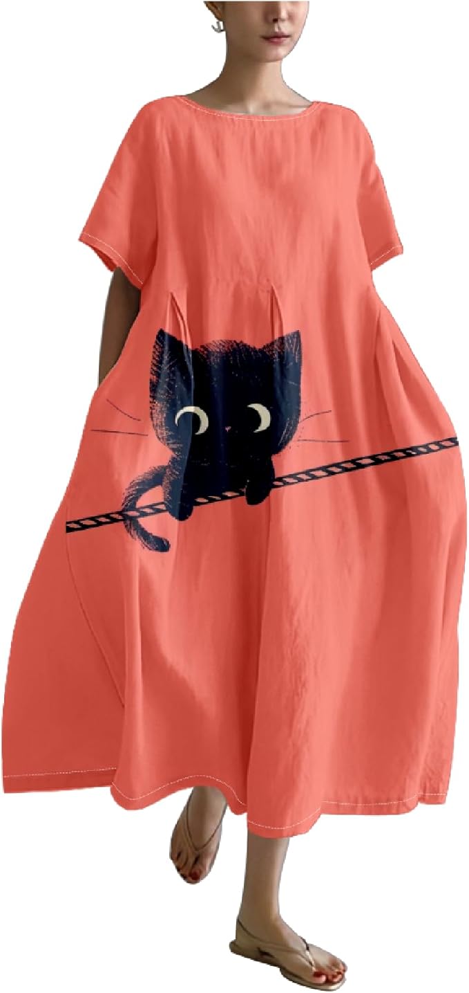 MARSVOVO Summer Dress for Women Funny Cat Graphic Cute Short Sleeve Maxi Dress Causal Plus Size Party Dress for Women