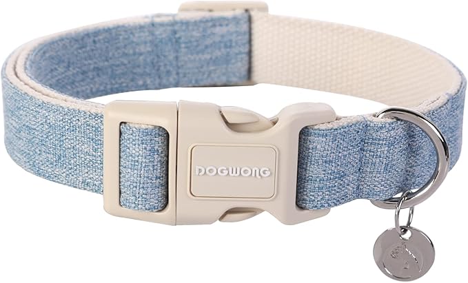 DOGWONG Cotton Hemp Dog Collar - Heavy-Duty Adjustable Soft Natural Fabric Pet Collar, Baby Blue Cute Wedding Puppy Necklace for Small Medium Large Dogs