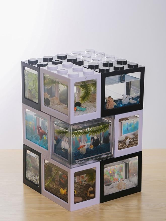 OMEM USB Mini Fish Tank, Desktop Micro-Landscape LED Aquarium Kit, Building Blocks Superimposed Fish Tank