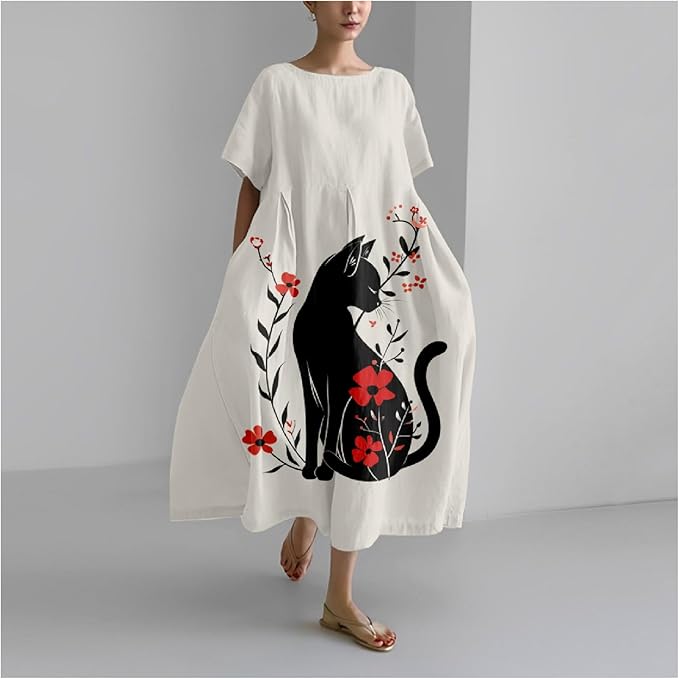 MARSVOVO Summer Dress for Women Funny Cat Graphic Cute Short Sleeve Maxi Dress Causal Plus Size Party Dress for Women