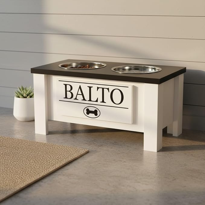 GTW Personalized Elevated Dog Bowl Stand for Large, Medium, Small, X-Small Dogs - Stainless Steel Food and Water Bowls - Raised Dog Dish with Internal Storage (Medium, Black)