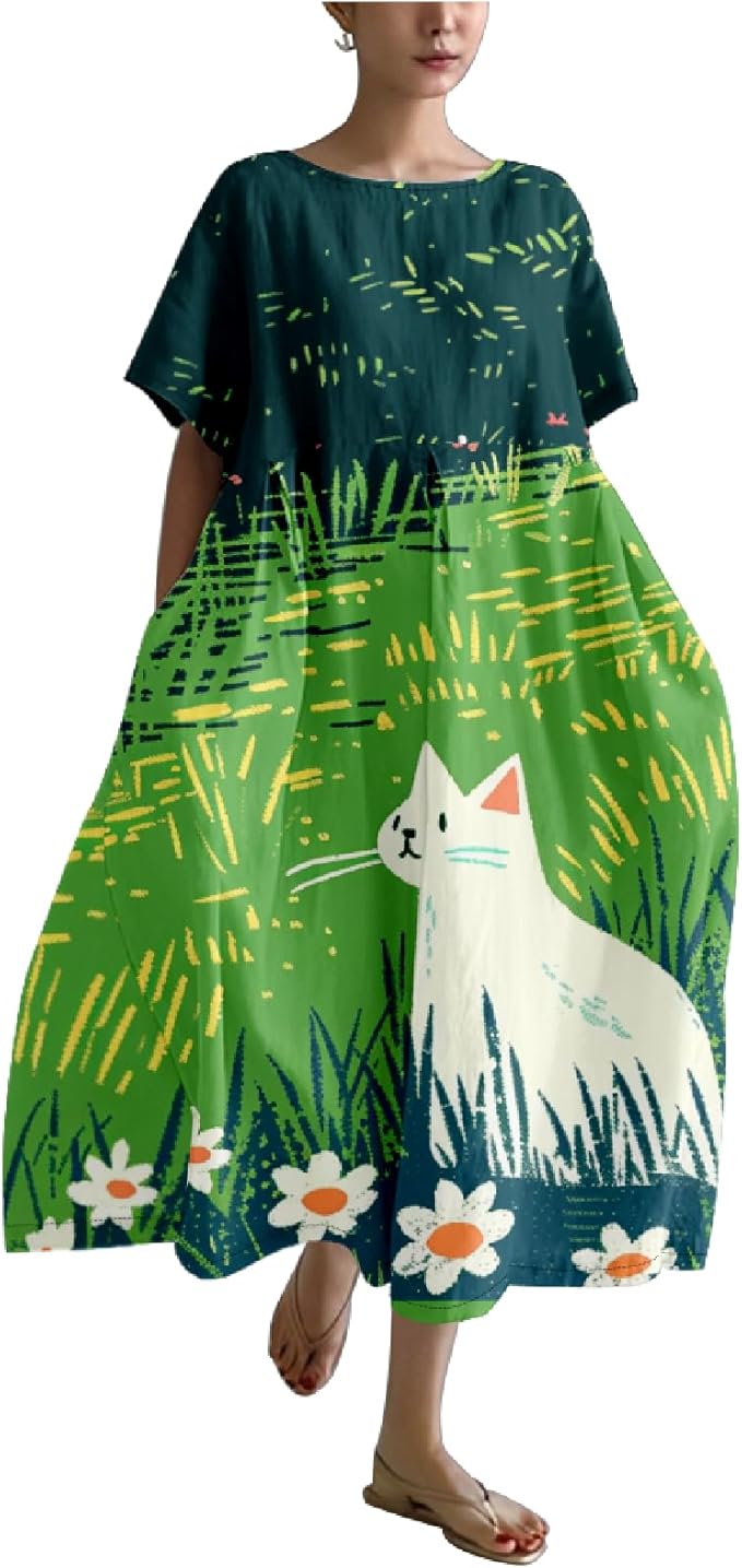 MARSVOVO Summer Dress for Women Funny Cat Graphic Cute Short Sleeve Maxi Dress Causal Plus Size Party Dress for Women