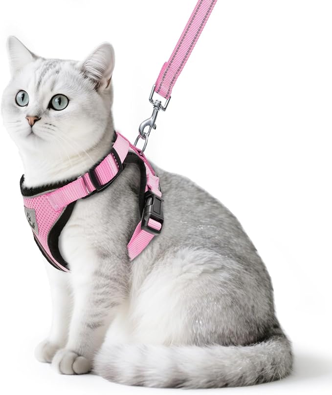 PUPTECK Cat Harness and Leash Set Escape Proof Reflective Cat Walking Harness Adjustable Soft Breathable Mesh Vest for Small Pets, Light Pink, M