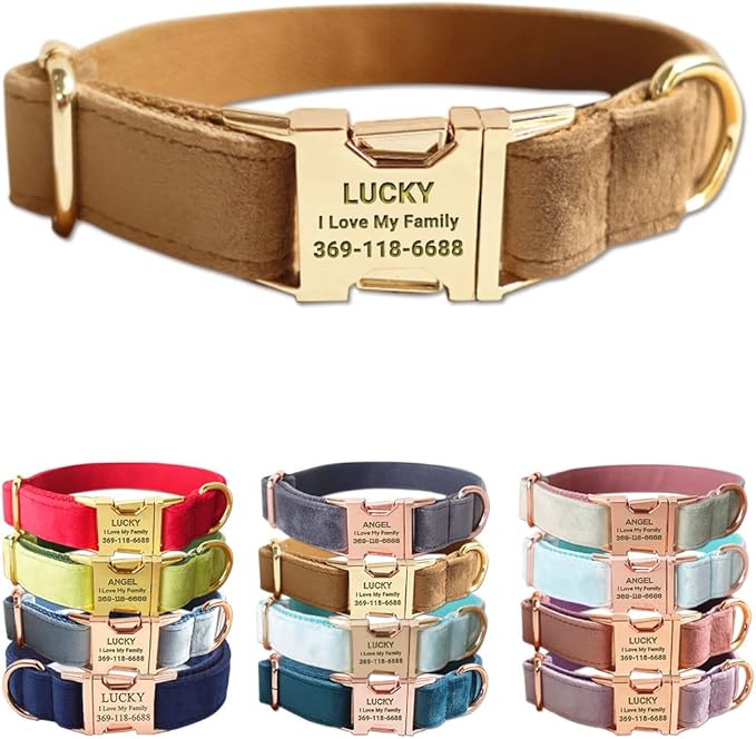 PETDURO Custom Dog Collar Personalized with Name Engraved Gold Metal Buckle for Large Medium Small Dogs - Dog Leash and Bow Tie Available - Soft Thick Velvet (Camel RG, XS)