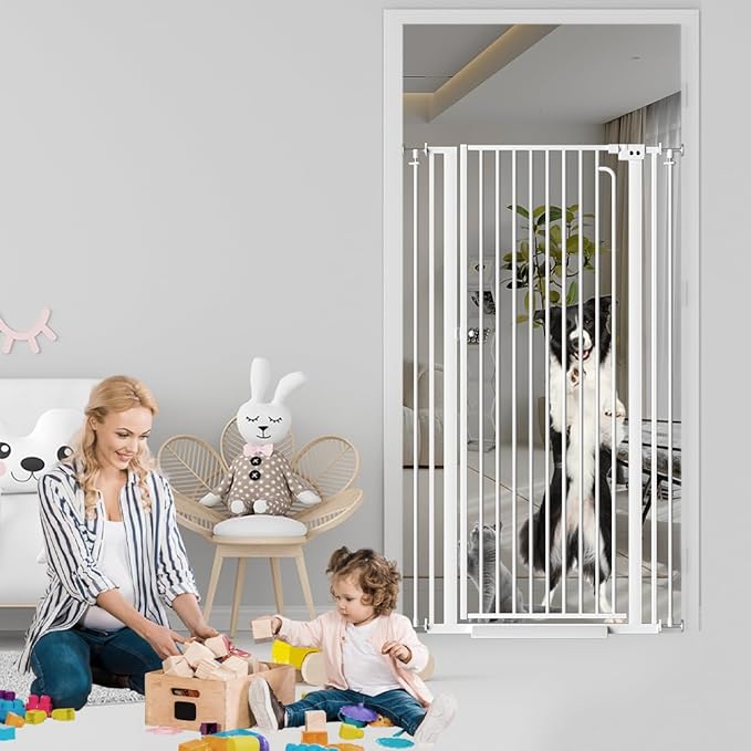 57" Extra Tall Cat Pet Gate for Doorway, 57.4"-62.2" Wide Pet Gate for Cats Walk Through, Auto Close Tall Baby Gates with Door, Child Safety Gate Indoor Stairs, Cat Proof Gate for Dog, White