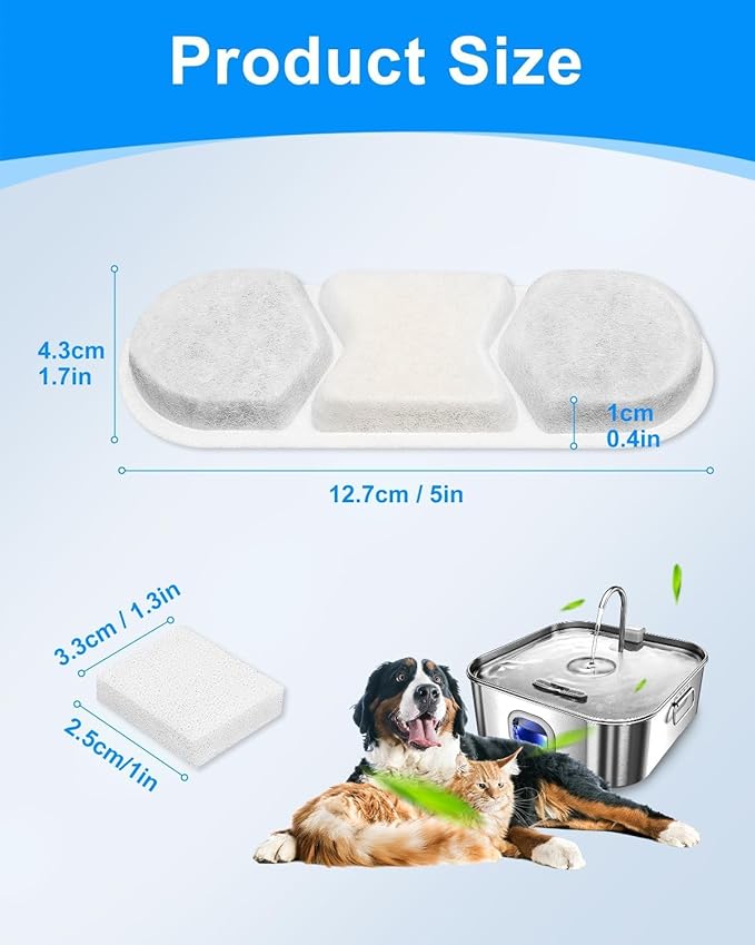 6 PCS Dog Water Filters Replacement Fit for WF120 410oz/3.2Gal/12L & Fit for Zuqqony DYSJ01 Pet Water Fountain, Filter & Sponges for Multi-Pet Homes
