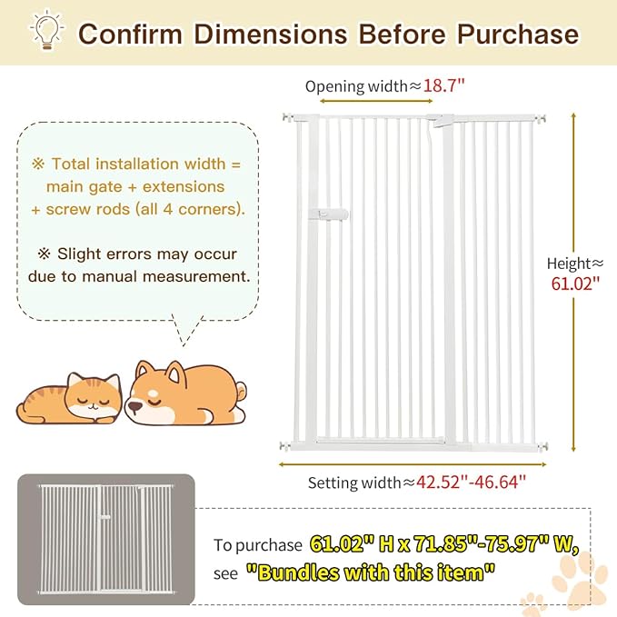 Lumizone Extra Tall Cat Gate 61.02" High Pressure Mounted Extra Wide 2025 New (17 Sizes) 1.37" Gap No Drilling Auto-Close One-Handed Operation Tall Pet Gate for Dogs(White, 61.02" H x 42.52"-46.64" W)