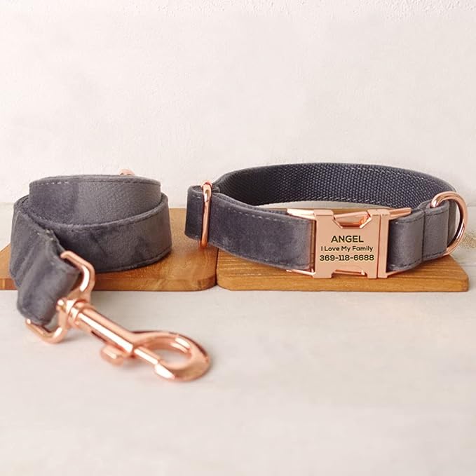 PETDURO Custom Dog Collar Personalized with Name Engraved Quick Release Rose Gold Metal Buckle for Large Medium Small Girl Dogs - Dog Leash and Bow Tie Available - Soft Comfy Velvet (Grey, S)