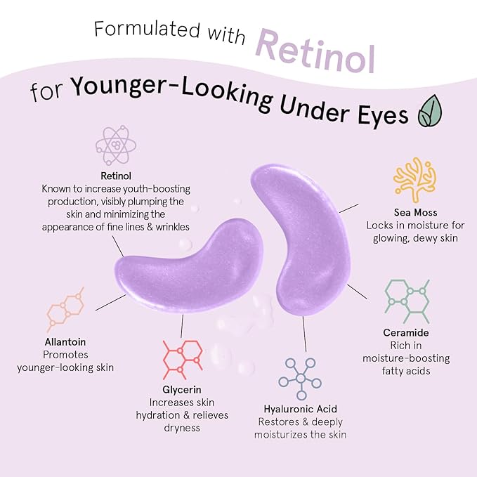 grace & stella Retinol Under Eye Patches for Puffy Eyes & Dark Circles - Restoring Gel Under Eye Masks with Hyaluronic Acid - Bridesmaid Gifts, Birthday Gifts for Women (Purple, 24 Pairs)