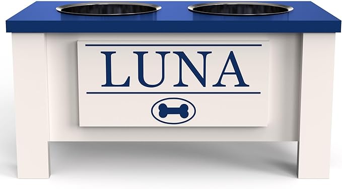 GTW Personalized Elevated Dog Bowl Stand for Large, Medium, Small, X-Small Dogs - Stainless Steel Food and Water Bowls - Raised Dog Dish with Internal Storage (Medium, Blue)