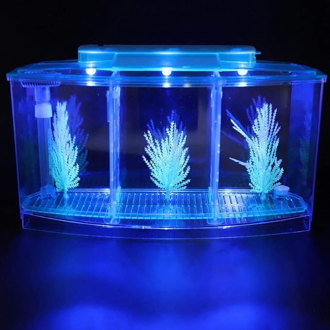 Fish , Desktop Transparent Breeding Fish , Mini Acrylic for Small Fishes with LED Light with Water Change Valve for Betta(Blue)