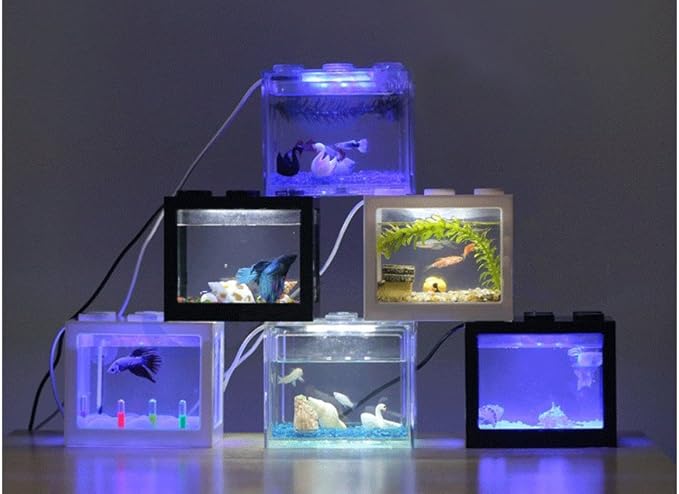 OMEM USB Mini Fish Tank, Desktop Micro-Landscape LED Aquarium Kit, Building Blocks Superimposed Fish Tank (Black)