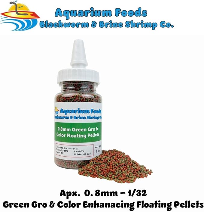 Aquatic Foods Inc. 0.8mm Micro Pellet Mix of Intense Color Enhancing & Spirulina Green GRO Floating Pellets for Guppies, Tetras, Bettas, Nano Fish, Baby Fish…1.8oz Squeeze Bottle