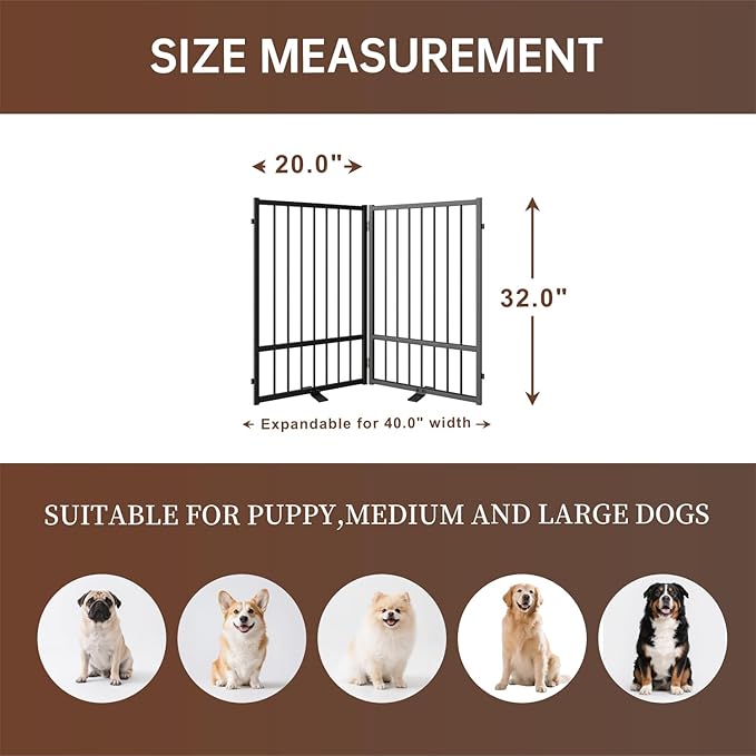 2 Panels Full Metal Freestanding Dog Gates, 40” W x 32” H Folding Pet Gate Fence with Support Feet for Indoor,Stairs, Hallways and Doorways(Black)