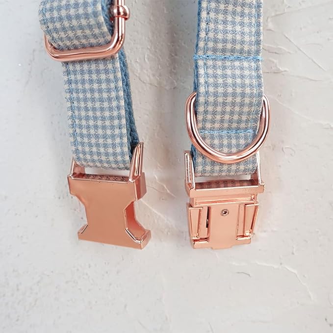 PETDURO Personalized Gingham Plaid Dog Collar Baby Blue - Engraved Name and Phone Number on Rose Gold Metal Buckle - Custom for Small Medium Large Boy Girl Dogs - Add Leash Bow Tie via Customize Now