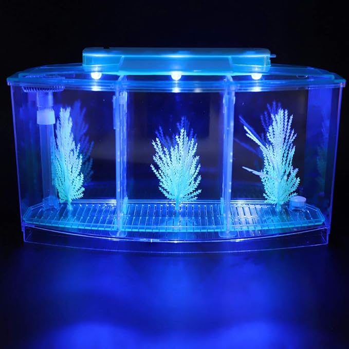 Fish Breeding Box, Aquarium Breeder Box Guppy Breeder Box Acrylic Fish Breeding Box Three Divisions Breeding Isolation Box with LED (Blue)