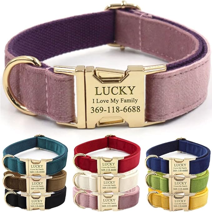 PETDURO Personalized Dog Collar Pink Purple Soft Velvet for Large Medium Small Boy Girl Dogs - Custom Collar with Name Phone Number Engraved on Gold Metal Buckle - Add Leash Bow Set via Customize Now