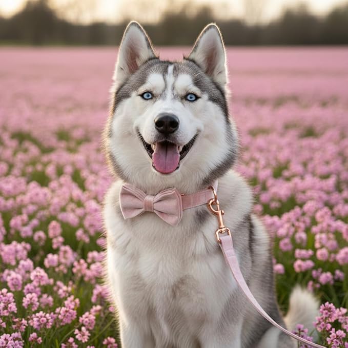 PETDURO Personalized Dog Collar Pink Soft Velvet for Large Medium Small Boy Girl Dogs - Custom Collar with Name Phone Number Engraved on Rose Gold Metal Buckle - Add Leash Bow Set via Customize Now