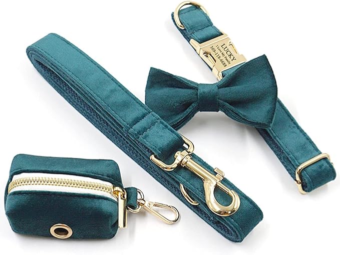PETDURO Personalized Dog Collar Teal Soft Velvet for Large Medium Small Boy Girl Dog - Custom Collar with Name Phone Number Engraved on Gold Metal Buckle - Add Matching Leash Bow Set via Customize Now