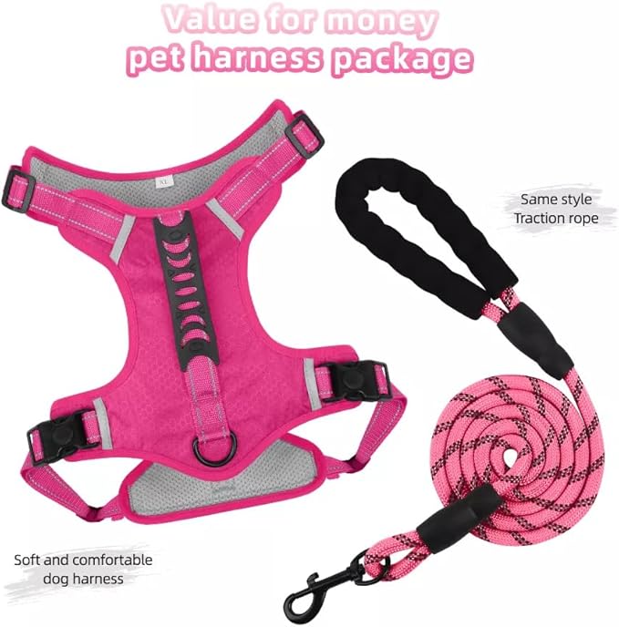 Dog Harness No Pull Adjustable Reflective,for Medium and Large Small Dog with Leash 59.06in (Fuscia, XS)