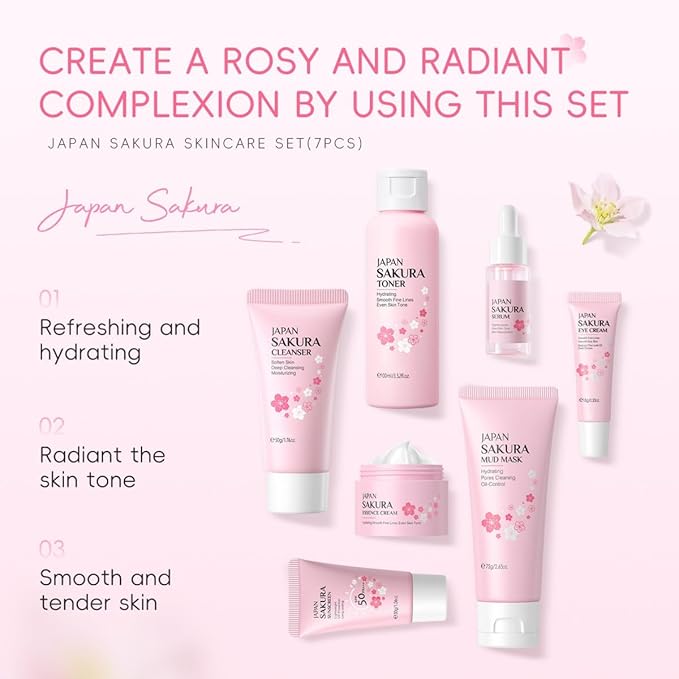 Sakura Skin Care Set, Skincare for Girls 10-12, 7Pcs Skincare Gift Set for Teens Complete Skincare Routine, Travel Size Skincare Set with Mud Mask, Kids Skin Care Set for Girls Ages 8-12