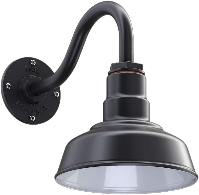 Steel Lighting Co. | Dusk to Dawn | Hawthorne Barn Light | Outdoor Wall Mounted | 8 in Dome | 11 inch Gooseneck| Small Farmhouse Light Made in America | Matte Black Exterior/White Interior