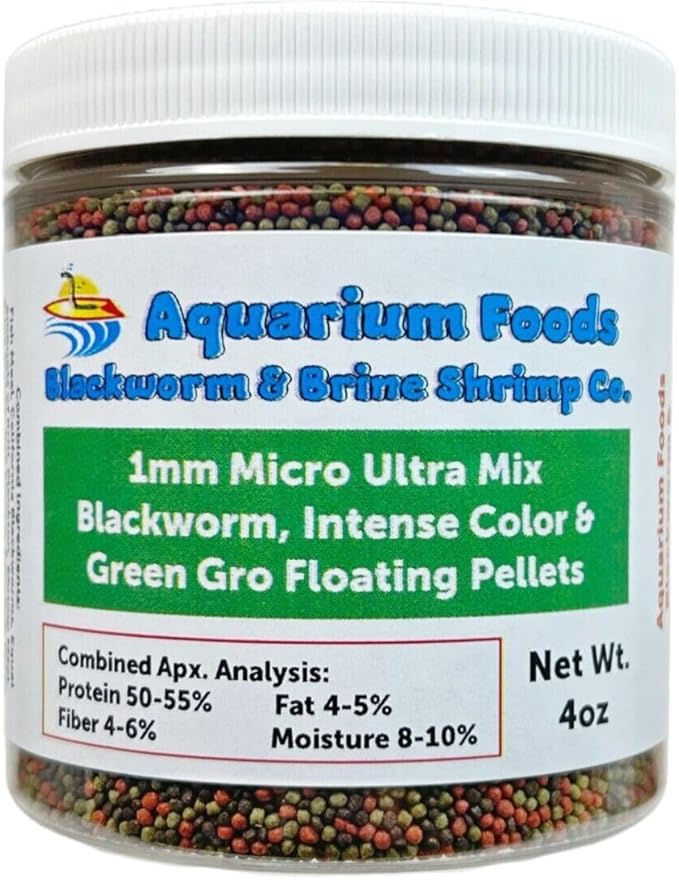 Aquatic Foods Inc. Blackworm, Intense Coloring, Spirulina 1mm Premium Floating Pellets for Small & Baby Cichlids, Discus, All Tropical Fish, Koi & Pond Fish…4oz Small Round Jar
