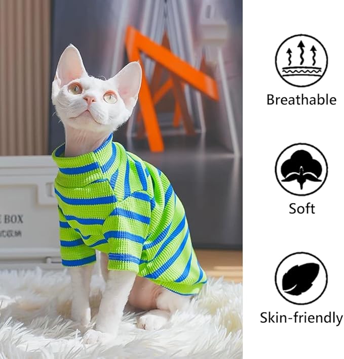 Striped Waffle Knit Shirt for Sphynx Cat, 2-Leg Long Sleeve Lightweight Outfit for Hairless Cats, Soft All-Season Pet Clothes (Green, Small (2.5-3.5lbs))