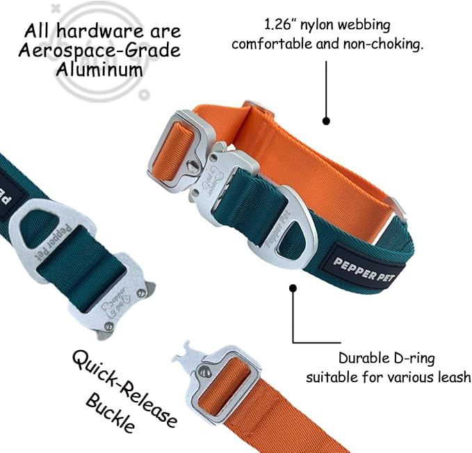 Heavy-Duty Dual-Color Nylon Dog Collar – 3.2cm Wide, 1700lb Break Strength – Aerospace Aluminum Quick-Release Buckle – Orange/Dark Green