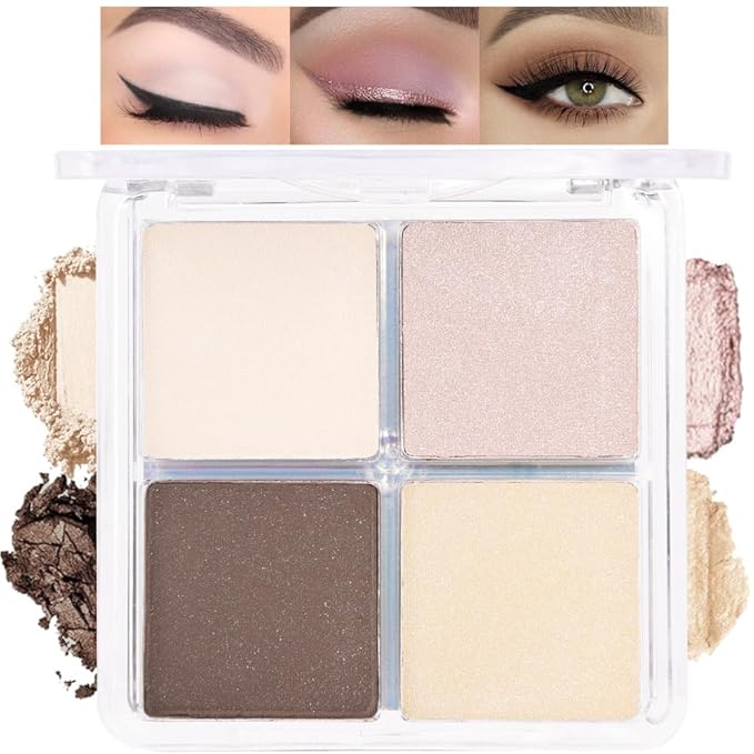 4 Colors Beige Nude Brown Pink Yellow Eye Shadow Powder Palette Makeup, Neutral Travel Matte Shimmer Creme QuadsEyeshadow Palette for Women Highly Pigmented Waterproof, paleta de sombras de ojos 01