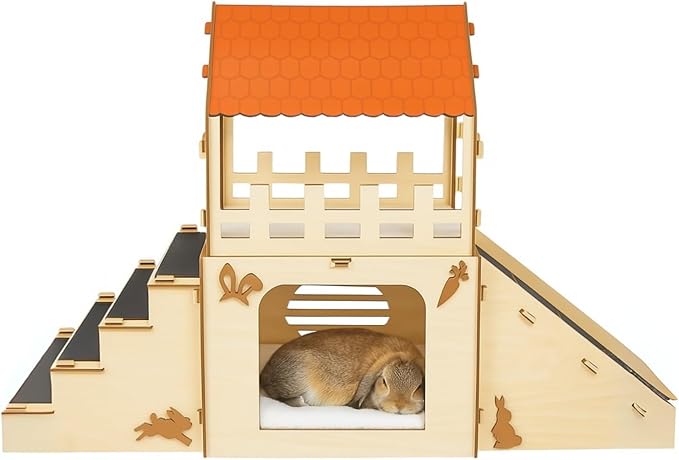 Extra Large Bunny Hideout, Cozy Rabbit Castle with Fleece Mats, Wooden Rabbit Hideout, Bunny House Indoor Indoor, Chinchilla, Guinea Pig House