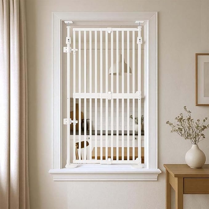 unipaws 57" H Pet Window Safety Guard, Fit for 21"-34" Wide Narrow Sapce, Auto Closing and No Drilling Cat Safety Gate, Cat Dog Proof, Indoor Use, White