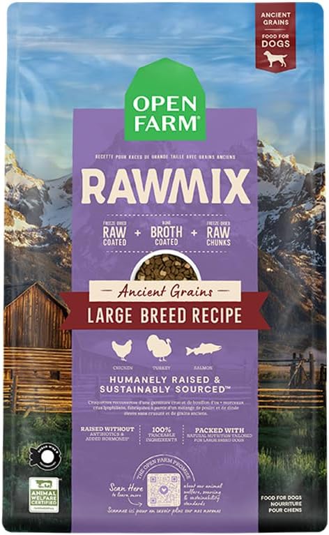 Open Farm, RawMix Dry Dog Food with Ancient Grains for Large Breeds, Protein-Packed Kibble Coated in Bone Broth with Freeze Dried Raw Chunks, Salmon Chicken & Turkey, Large Breed Recipe, 20lb Bag