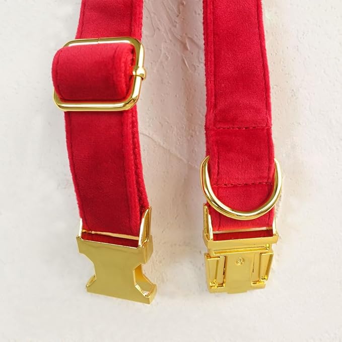 PETDURO Personalized Dog Collar Red Soft Velvet for Large Medium Small Boy Girl Dogs - Custom Collar with Name Phone Engraved on Bright Gold Metal Buckle - Add Matching Leash Bow Set via Customize Now