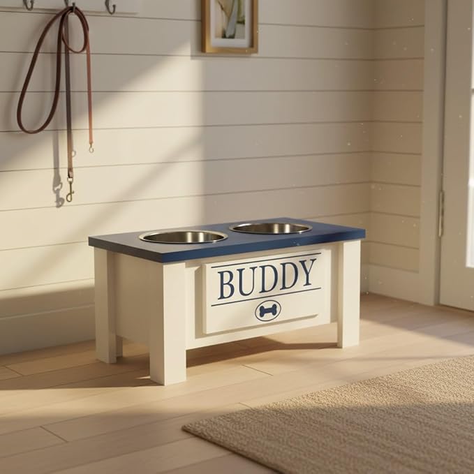 GTW Personalized Elevated Dog Bowl Stand for Large, Medium, Small, X-Small Dogs - Stainless Steel Food and Water Bowls - Raised Dog Dish with Internal Storage (Medium, Blue)