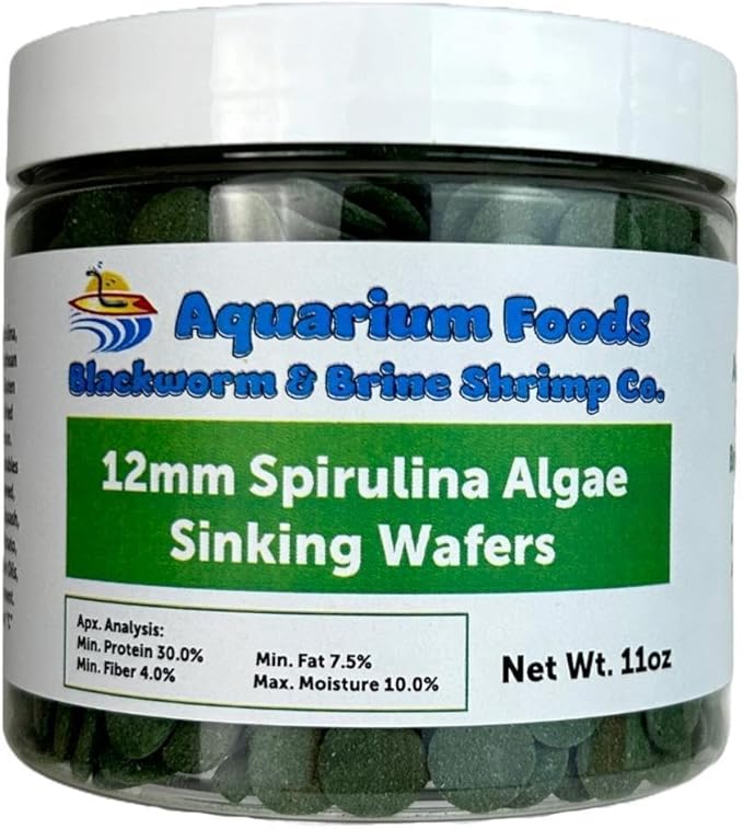 Aquatic Foods Inc. 12mm - 1/2" Small Sinking Spirulina, Veggie and Algae Wafers for Bottom Tropical Fish, Shrimp, Snails, Crabs, Plecos, Catfish, All Tropical Fish…11oz Med Round Jar