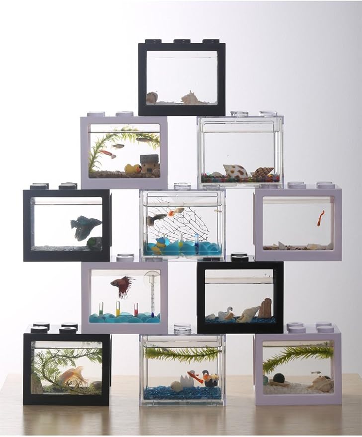 OMEM USB Mini Fish Tank, Desktop Micro-Landscape LED Aquarium Kit, Building Blocks Superimposed Fish Tank (Black)