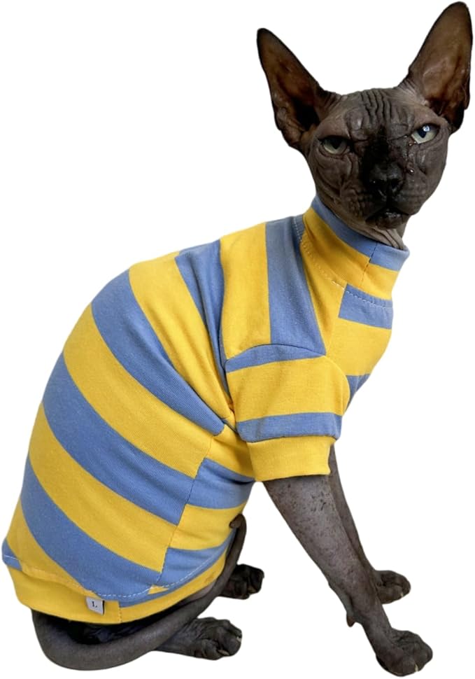 Sphynx Cat Clothes Shirts for Hairless Cat, Wide Stripe Cats Apparel, Kitten Summer Cotton T-Shirts with Sleeves for Cornish Rex, Devon Rex, Peterbald (Blue & Yellow, Medium)