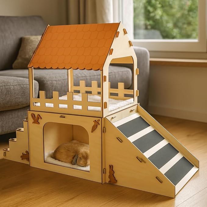 Extra Large Bunny Hideout, Cozy Rabbit Castle with Fleece Mats, Wooden Rabbit Hideout, Bunny House Indoor Indoor, Chinchilla, Guinea Pig House