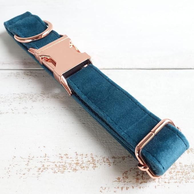 PETDURO Personalized Dog Collar Teal Soft Velvet for Large Medium Small Boy Girl Dogs - Custom Collar with Name Phone Number Engraved on Rose Gold Metal Buckle - Add Leash Bow Set via Customize Now