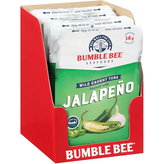 Bumble Bee Jalapeno Seasoned Tuna, 2.5 oz Pouch - Ready to Eat - Wild Caught Tuna Packet - 14g Protein per Serving - Gluten Free (Pack of 4)