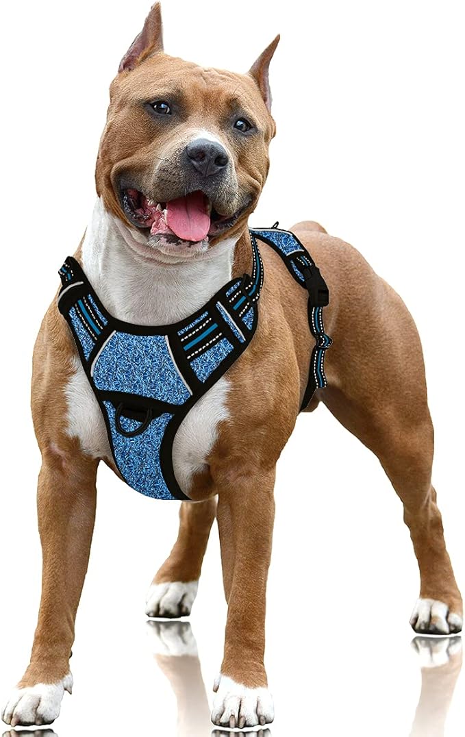 BARKBAY No Pull Dog Harness Large Reflective Dog Harness with Front Clip and Easy Control Handle for Walking Training Running with ID tag Pocket(Blue/Black,L)