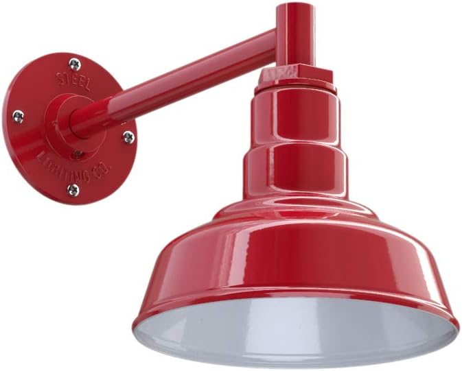 Steel Lighting Co. | Dusk to Dawn | Hawthorne Barn Light | Outdoor Wall Mounted | 8 in Dome | 11 inch Straight Arm| Small Farmhouse Light Made in America | Red Exterior/White Interior