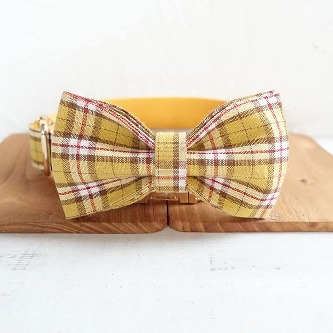 PETDURO Personalized Plaid Dog Collar Lemon Yellow - Engraved Name and Phone Number on Gold Metal Buckle - Custom for Small Medium Large Boy Girl Dogs - Add Leash Bow Tie via Customize Now