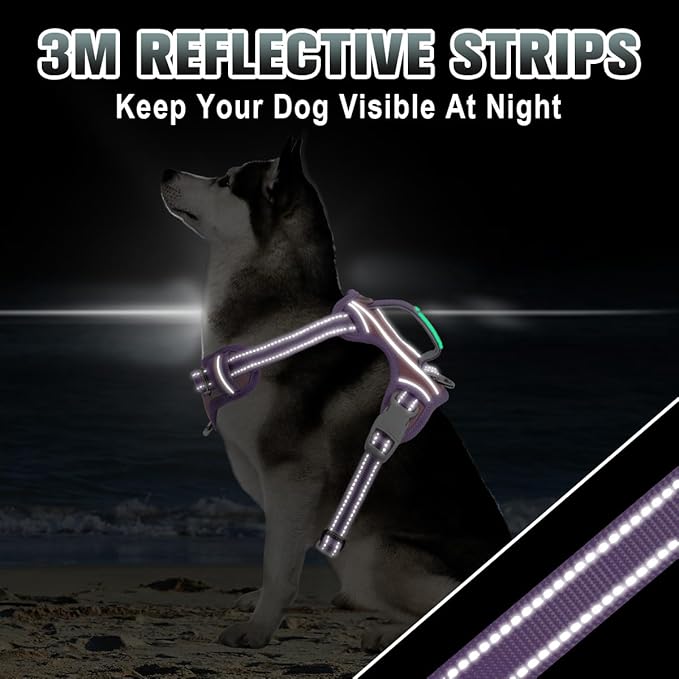 BARKBAY No Pull Dog Harness Large Reflective Dog Harness with Front Clip and Easy Control Handle for Walking Training Running with ID tag Pocket(Baby Pink & Violet Purple,M)