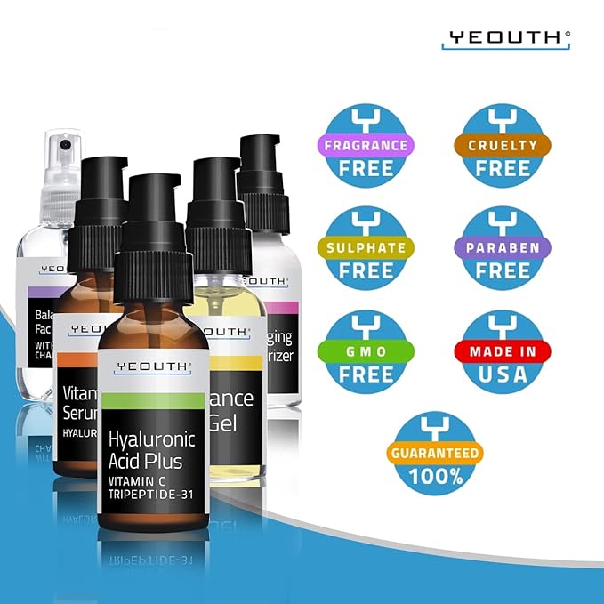 YEOUTH Skin Care Set: Hyaluronic Acid Serum for Face, Vitamin C Serum, Facial Toner, Under Eye Gel, Face Cream, Valentine’s Day Skincare Gift Set for Women & Men 5-Piece