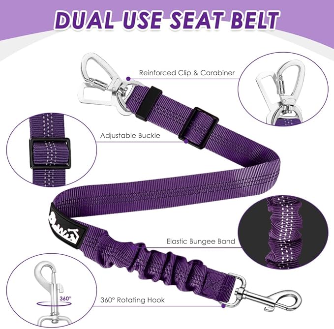 Lukovee Dog Seat Belt - Adjustable Dog Car Harness for Large, Medium & Small Dogs, Soft Padded & Breathable Mesh Dog Seatbelt with Car Vehicle Connector Strap (Purple Double Clip, Medium)