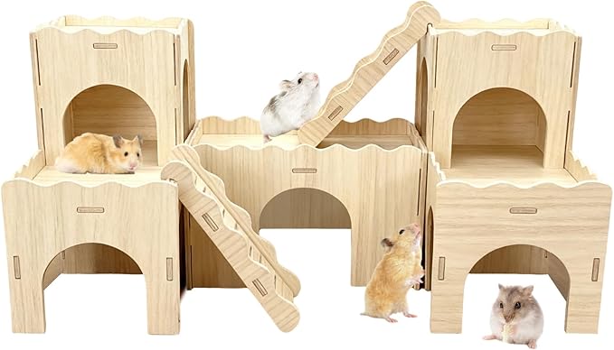Wooden Dwarf Hamster House, Hamster Tiny House Hideout, Maze House, Large Balcony Lookout Holes, Easy to Assemble, Detachable Parts, Secure Hideaway, F
